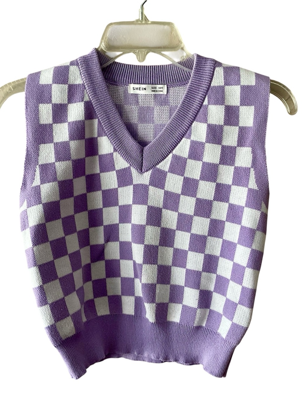 SHEIN Lavender and White Checkerboard V-Neck Sweater Vest